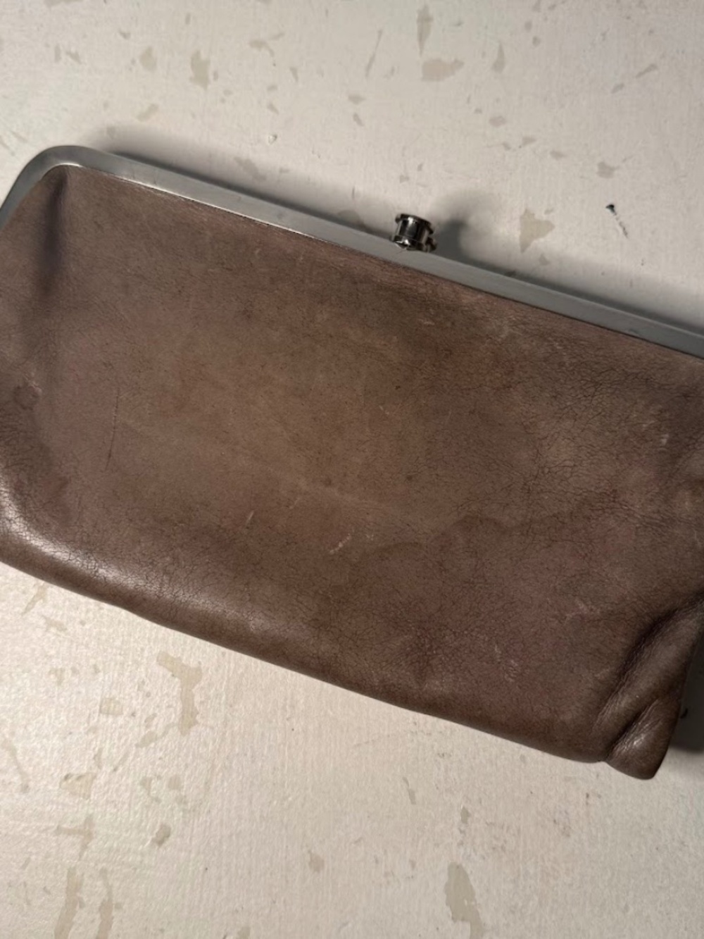 HOBO Lauren Wallet Double Frame Clutch Taupe Distressed Leather Organizer